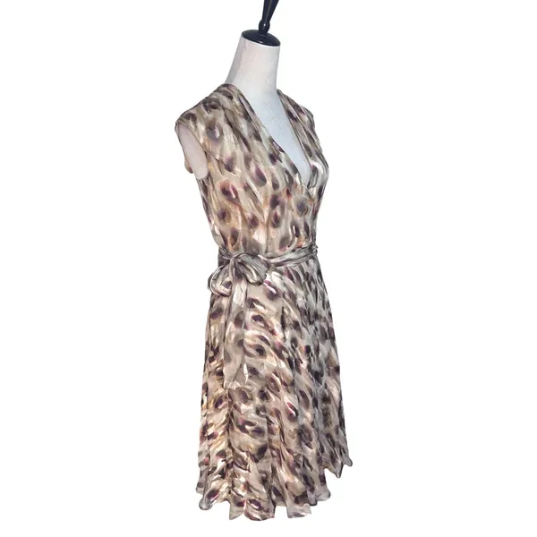 Jones New York Collection Silk Blend Wrap Dress Abstract‎ Print Taupe Plum Sz 8 - Image 3