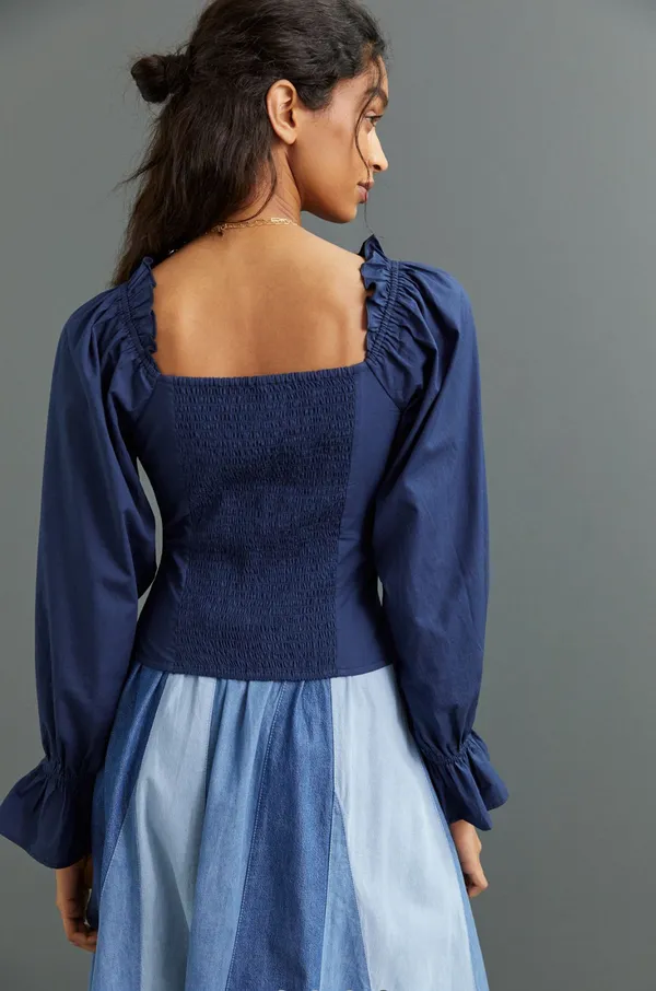 Anthropologie NWT Navy Blue Blouse Sz XS Cotton Sweetheart Neck 3/4 Puff Sleeve - Image 13