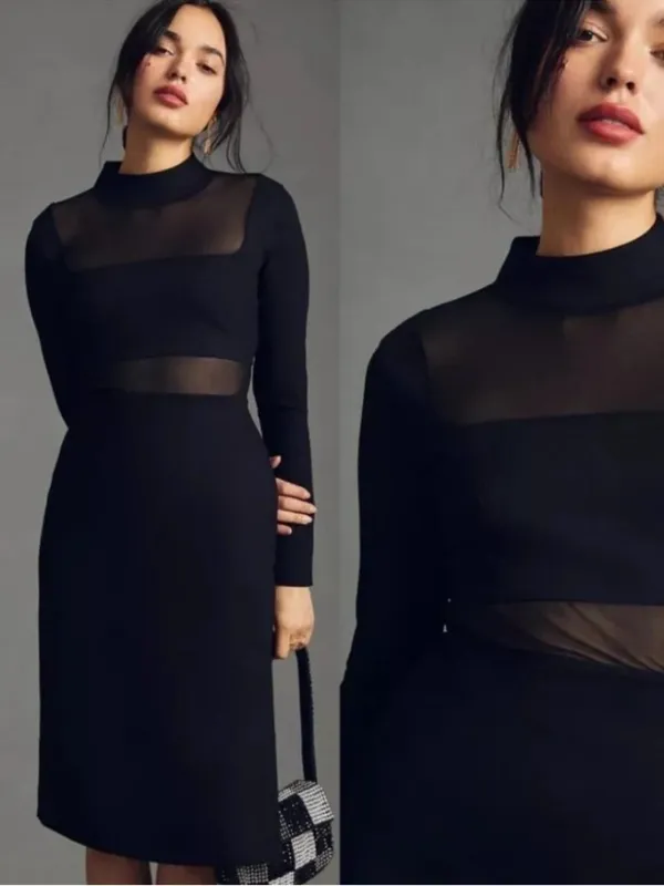 Anthropologie Black Sheer-Panel Long Sleeve Midi Dress - Image 2