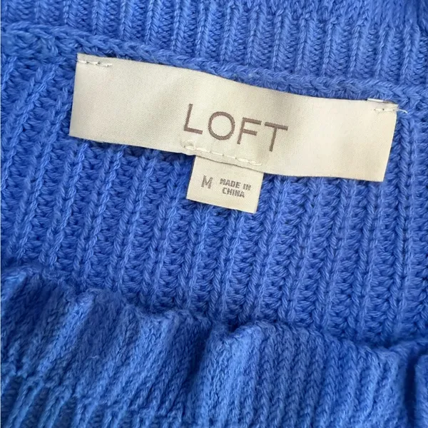 LOFT Blue Crew Neck Knit Sweater with Button Accents Ruffles Medium - Image 3