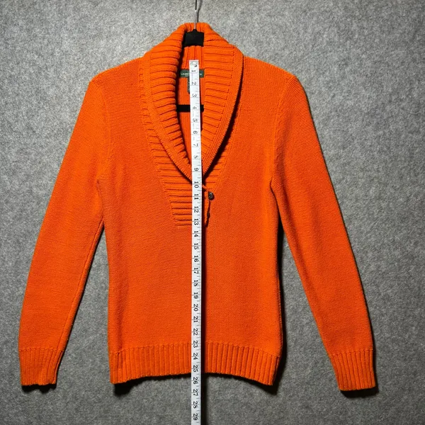 Lauren Ralph Lauren Orange Shawl Collar Shaker Knit Button‎ Pullover Sweater M - Image 3