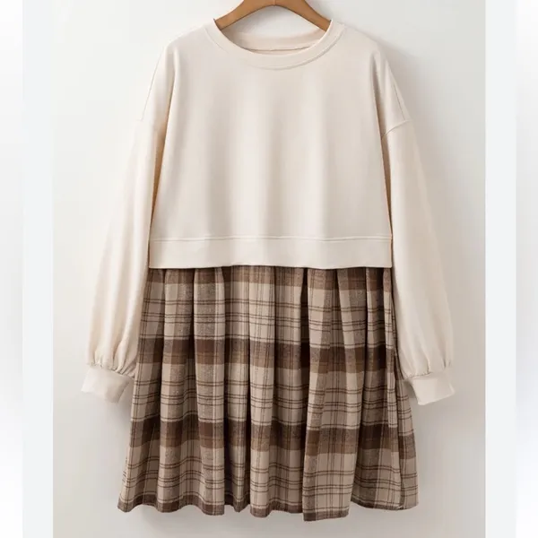 Chic Plaid A-Line Dress in Cream and Brown - Image 2
