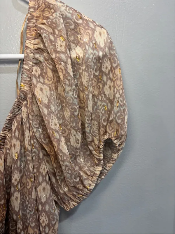 Moon River Puff Sleeve Tiered Maxi Dress S Boho Bohemian Neutral Paisley Gold - Image 9