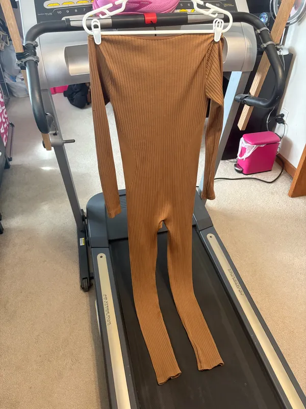 Ribbed Long Sleeve Brown Jumpsuit Size L - Image 2