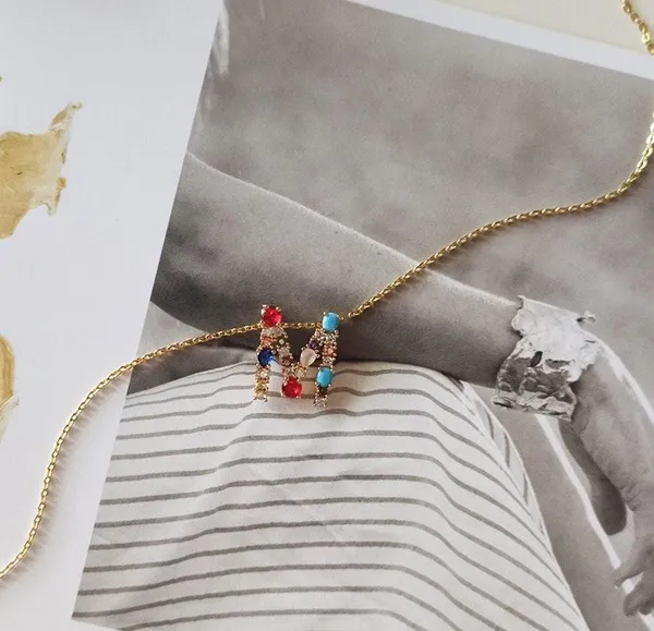 M Initial Necklace With Multi Stones Gold - Image 2