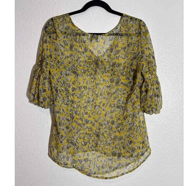 Ann Taylor LOFT Size L Sheer Yellow Botanical Floral Puff Sleeve Popover Top - Image 2