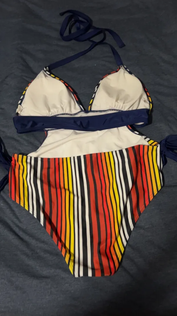 Retro-Stage side cutouts, striped, halter tie bathing suit - Image 2