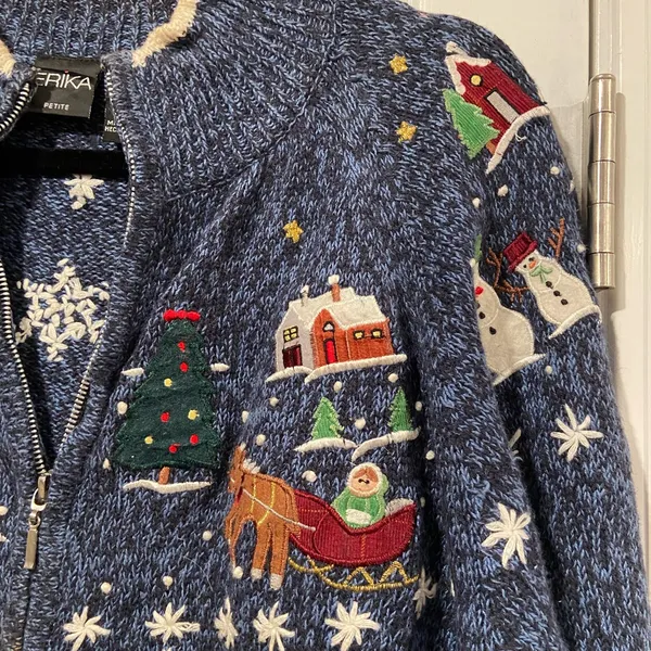 VTG Erika Size PXL Christmas Cardigan Sweater Zip Front Snowman Winter Cotton - Image 5
