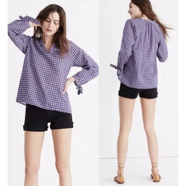 NWT Madewell Tie Sleeve Popover Top Cotton LINEN Blend Plaid‎ Size M OLDSTOCK - Image 2