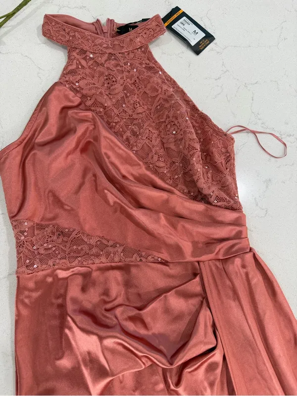 Miusol Rose Pink Halter Satin Prom Gown with Sequin Bodice - Image 5