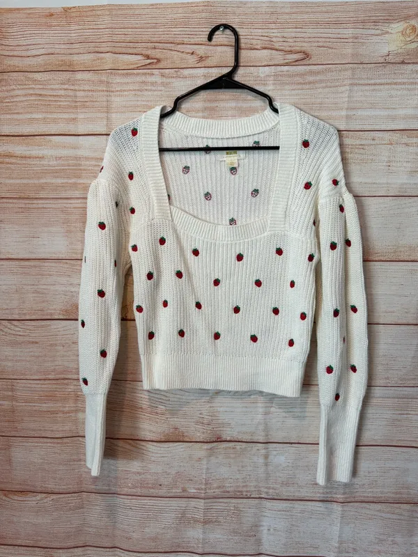 Maeve Cream Square-Neck Sweater with Red Strawberry Embroidery New no Tags - Image 2