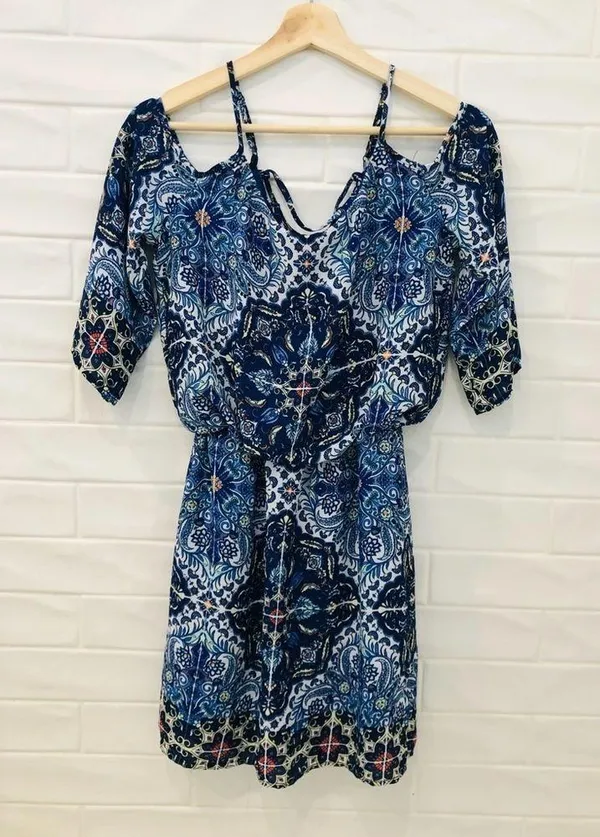 Bisou Bisou Michele Bohbot Blue Print Dress Cold Shoulder Blouson Mini dress - Image 5