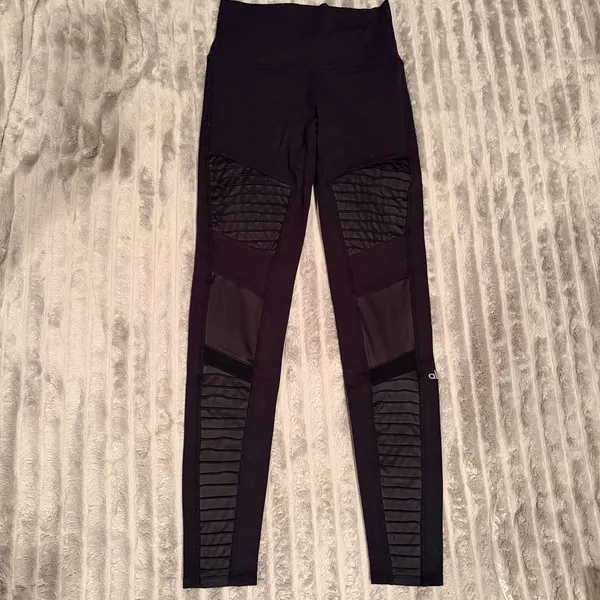 Alo Yoga Black Moto High Waisted Leggings Ribbed Mesh‎ Mixed Matte Shine S - Image 2
