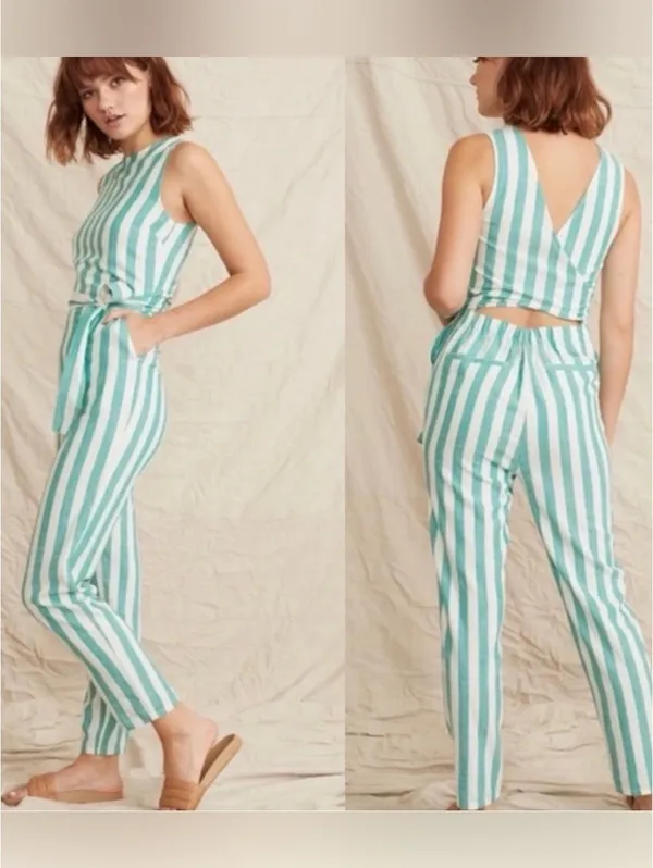 Marine Layer Eloise Belted Jumpsuit Green Stripes - Image 2