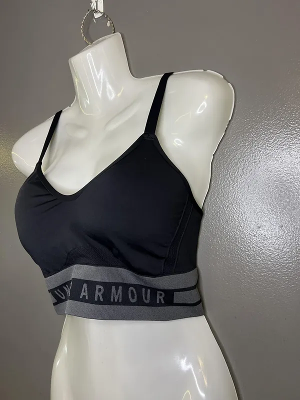 Under Armour Sports Bra Womens Large Black Longline Adjustable Padded Stretch - Image 3