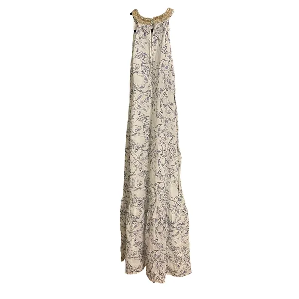 120% Lino Linen Beaded Halter Maxi Dress Floral White Blue EU 38 US 6 Coastal - Image 3