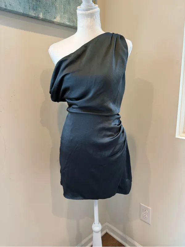 Show Me Your MuMu One-Shoulder Satin Mini Dress in Charcoal Gray - Image 2