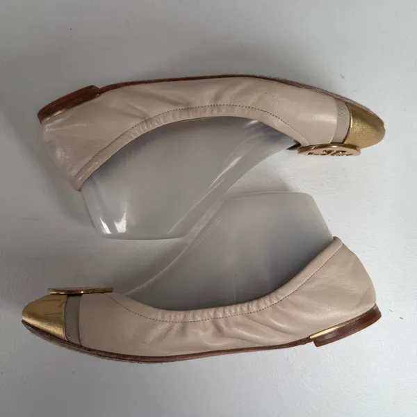 Tory Burch Minnie Womens 8.5 Cap Toe Logo Beige Gold Ballet Flat Slip On Shoe - Image 3