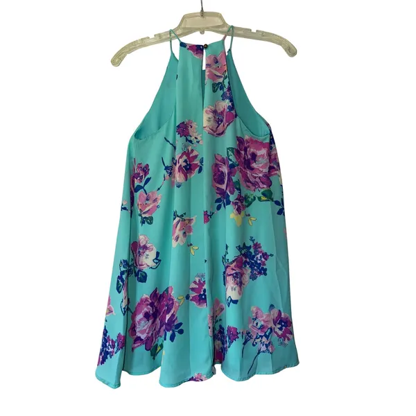 Everly Aqua Blue Floral Halter Trapeze Mini Dress Small Purple Pink Flower Print - Image 2