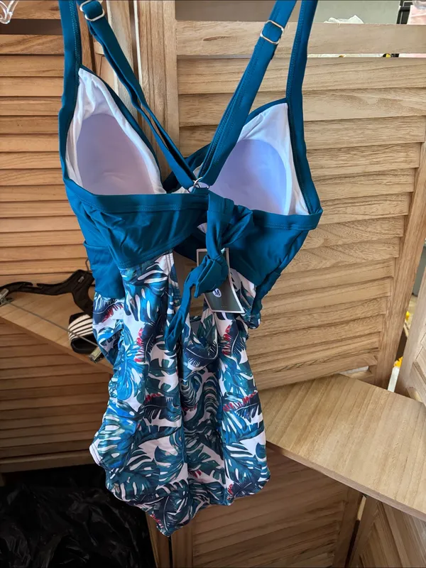 Eomenie Teal Green& Tropical Print One-Piece Maternity Swimsuit Medium NWT - Image 3