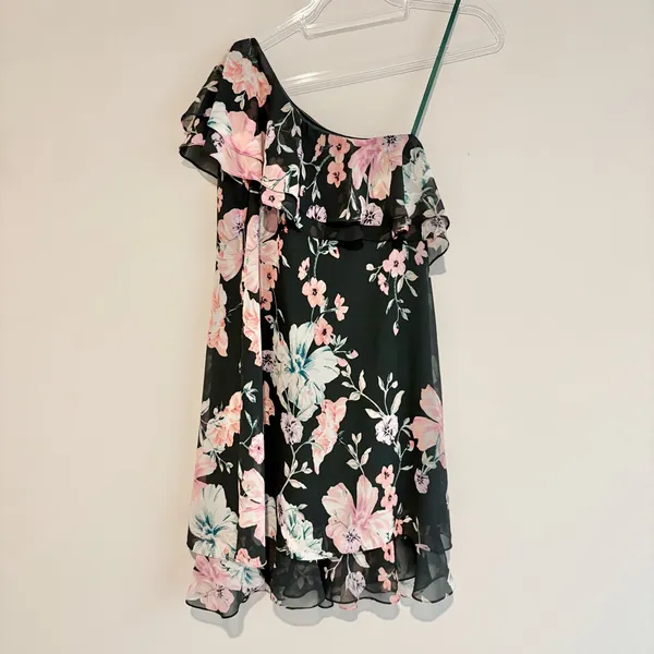 Eliza J Floral One Shoulder Ruffle Chiffon Dress green pink size‎ 2 - Image 2