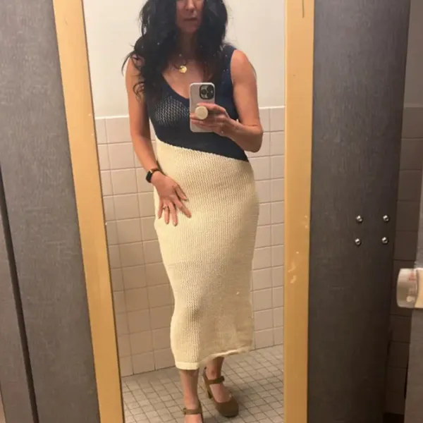 Toccin Blue Cream Crochet Midi Tank Dress SMALL Colorblock Knit Vacation $325 - Image 5