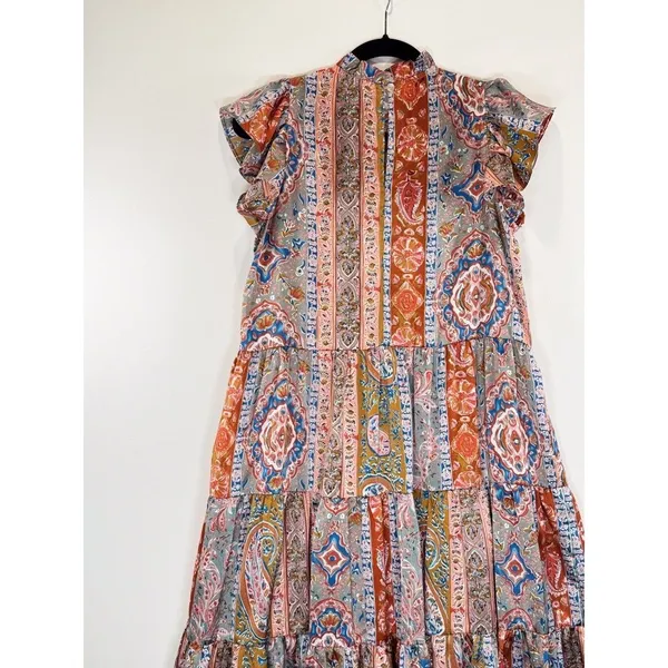 Pinch Womens Dress Brown Midi Tiered Floral Flutter Flowy A Line Boho Medium - Image 9