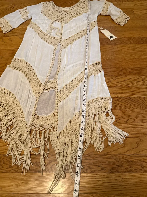 Dreamers Boho Fringe Crochet Trim kimono cardigan Swim Coverup in Cream size M - Image 11