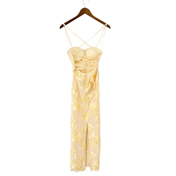 Lulus Nantessa Light Yellow Floral Applique Lace-Up Maxi Dress size XS NWT - Image 3