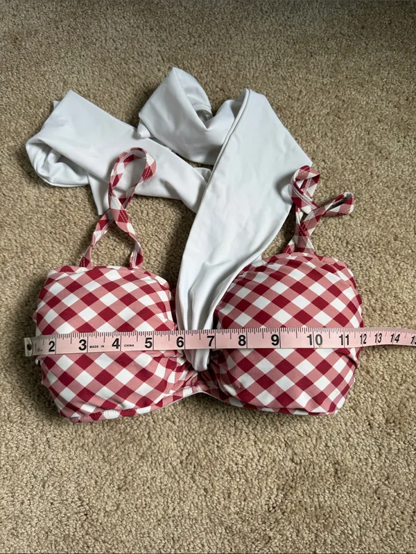 Unique Vintage Red & White Gingham Retro Bikini Top With Large White Bow - Image 9