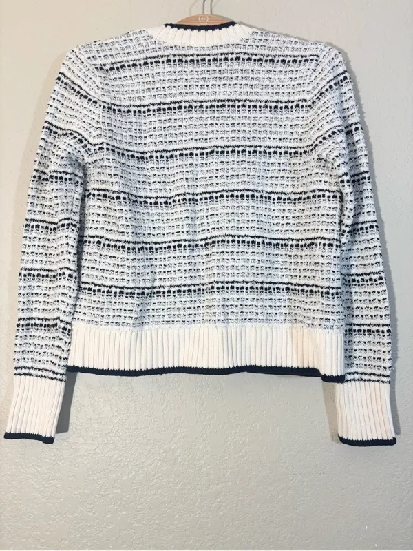 NWT Loft Blue White Stripe Tweed Textured Open Ribbed Cardigan Size S - Image 2