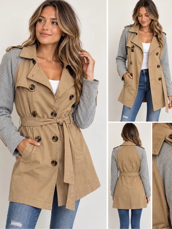 Cotton Candy LA Colorblock Trench Coat Tan Gray Belted Jacket Size S - Image 2