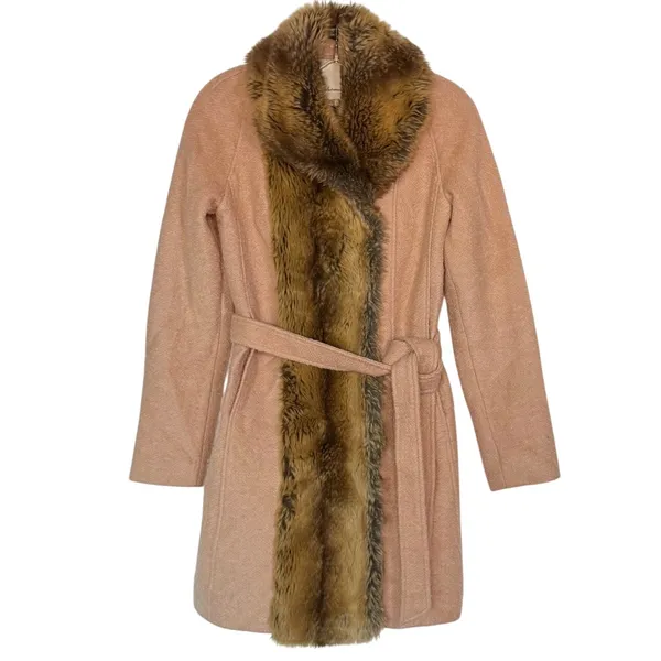 Anthropologie Elevenses Divna Wool Coat Faux Fur Collar & Trim Size 0 Blush Pink - Image 3