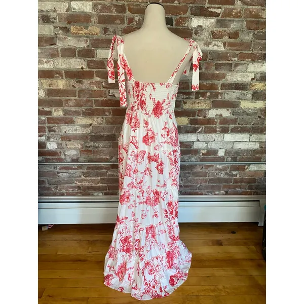 Red White Floral Toile Maxi Dress Tie Shoulder Low Back Tiered Hem Women Size L - Image 6