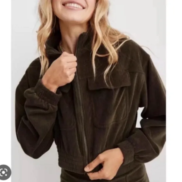 Aerie Olive Green‎ Corduroy Cropped Bomber Zip Up Jacket - Image 6