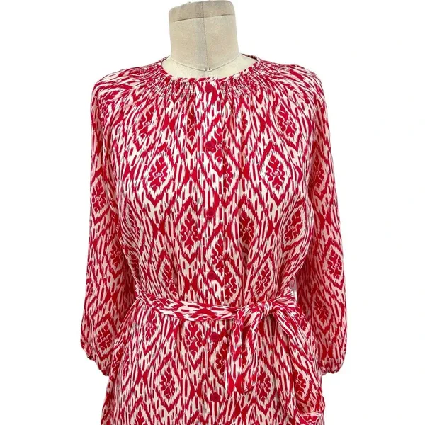 Anthropologie Maeve Ikat Shirt Dress‎ Mini Tie Belt Print Pink White Size XS - Image 4