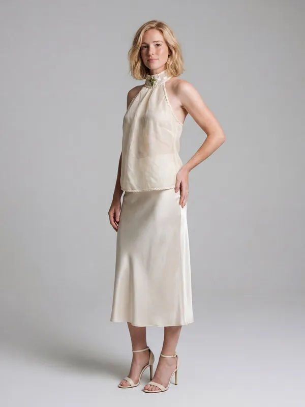 vintage Y2k Max Studio halter mock neck top cream sheer overlay Linen Resortwear - Image 5