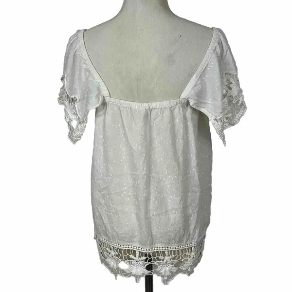 Roxy Crochet Lace Swiss Dot Top Womens Small White Off Shoulder Boho Peasant‎ - Image 6