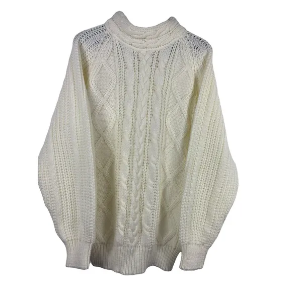 VTG 90s Carriage Court Cable Knit Sweater M Relaxed Fit Ivory Cream Mock Neck - Image 3