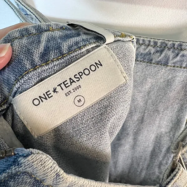 One Teaspoon Distressed‎ Denim Shortalls Light Wash Blue Size M Distressed Hem - Image 7