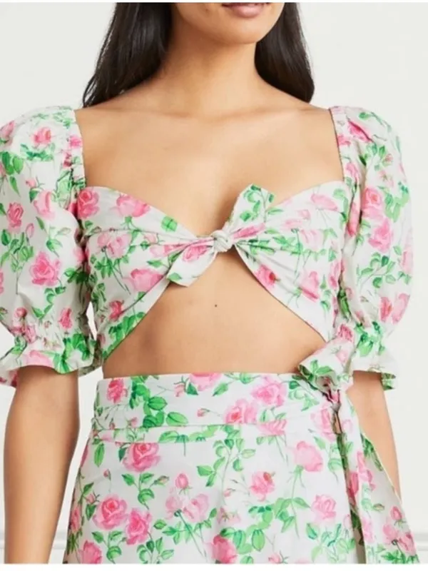 Hill House The Isabella Pink Rose Floral Puff Sleeve Smocked Crop Top XS Zip - Image 8