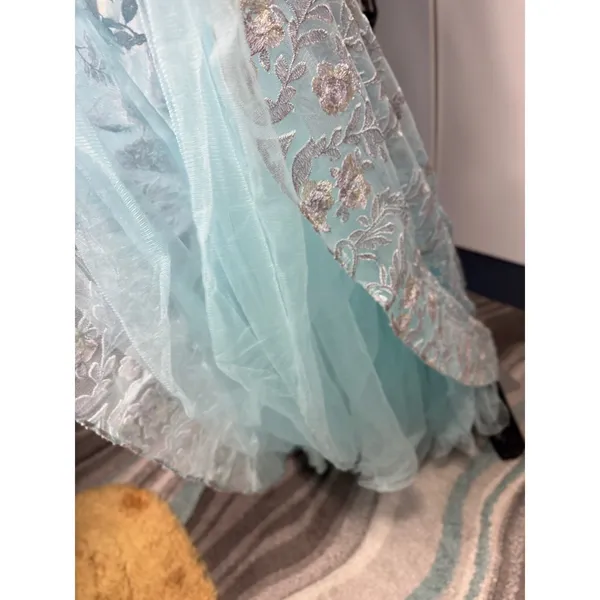 Morrell Maxie Size 4 Aqua White Floral Lace Off‎ Shoulder Formal Gown - Image 13