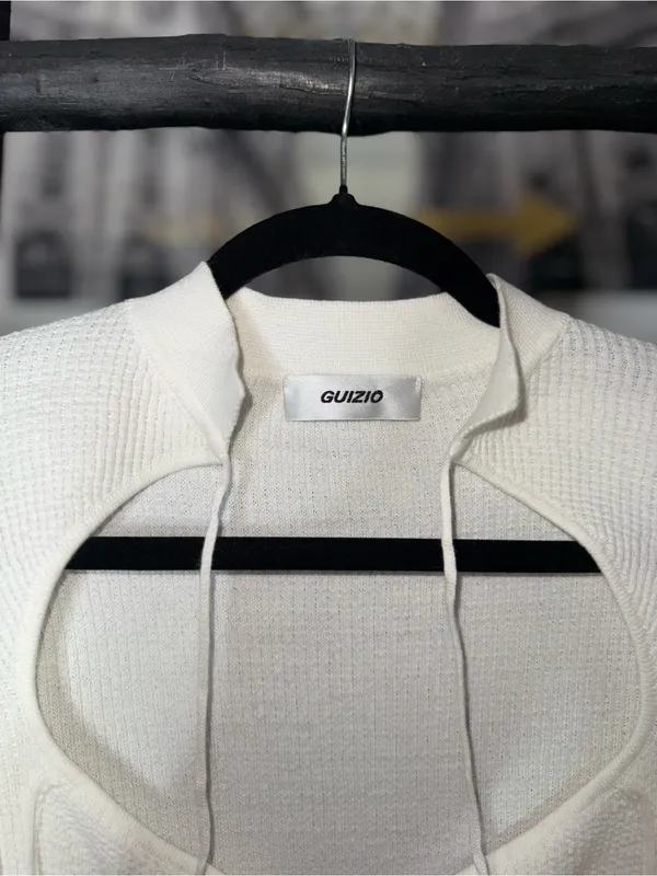 GUIZIO Thermal Knit Tie Top White Long Sleeve Crop Womens Medium Cotton EUC - Image 7