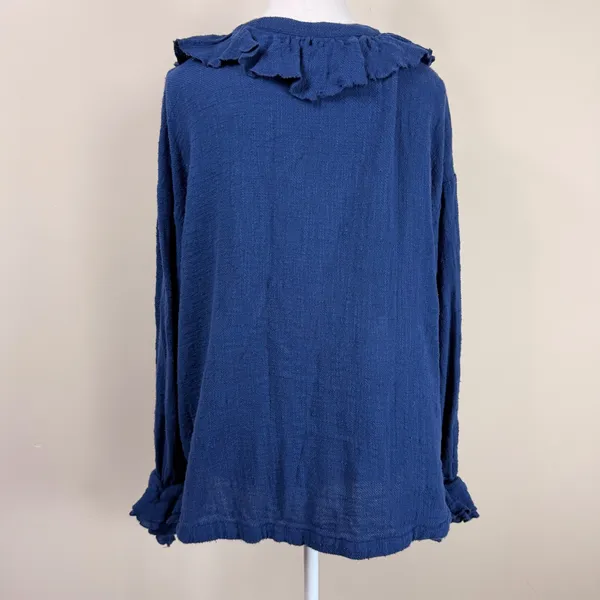 Free People Ruffled Neck Button‎ Front Cotton Shirt Blue Size L G - Image 2