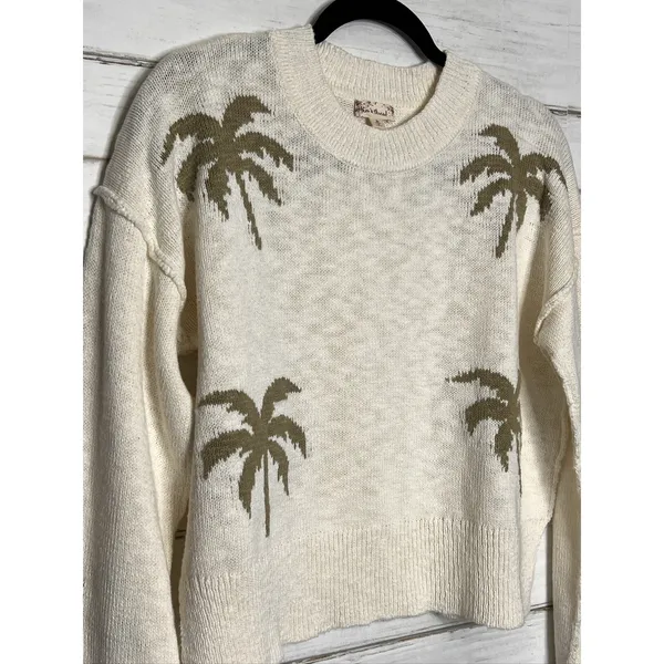 hem & thread Palm Tree Knit Sweater Medium Cotton Cream Olive Green Crew Neck - Image 2