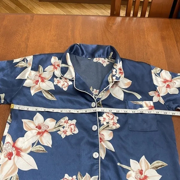 Floral Blue Satin Sleep Shirt Pajama Top Size M - Image 2