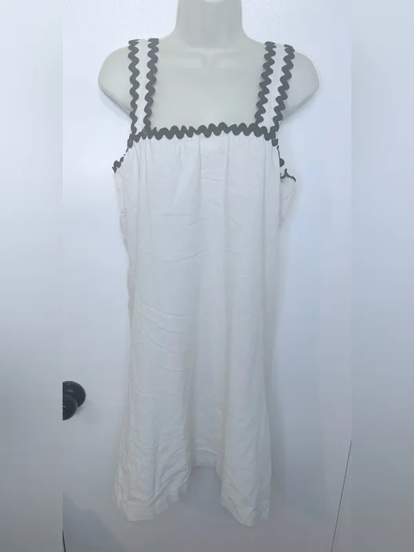 4our Dreamers Size L Cream Linen Blend Dress Black Rickrack Trim Square Neck NWT - Image 2