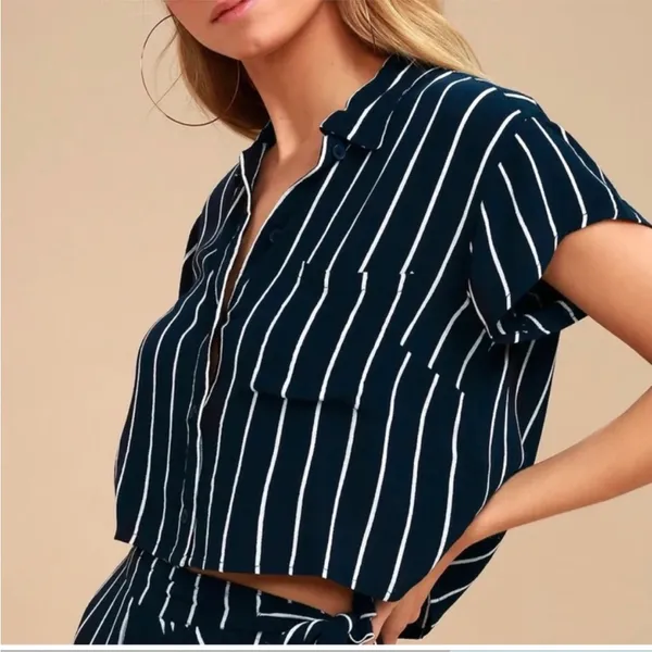 Billabong Blue and White Tropical Crush Striped Button-Up Crop Top - Image 2