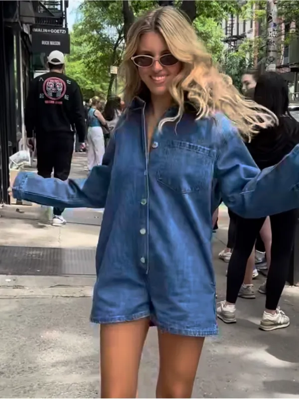 PARKE denim romper long sleeve button up playsuit collar patch dark wash - Image 5