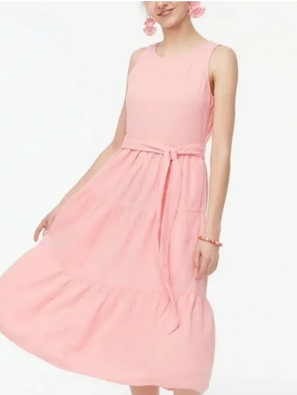J. Crew Gauze Pink Sleeveless Tie-Waist Tiered Midi Dress Size 6 Spring/Summer - Image 2